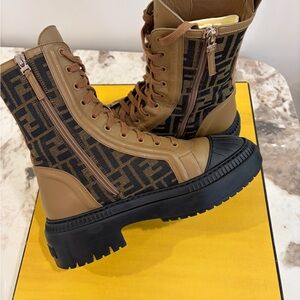 Fendi Tan and Black Logo Combat Boots